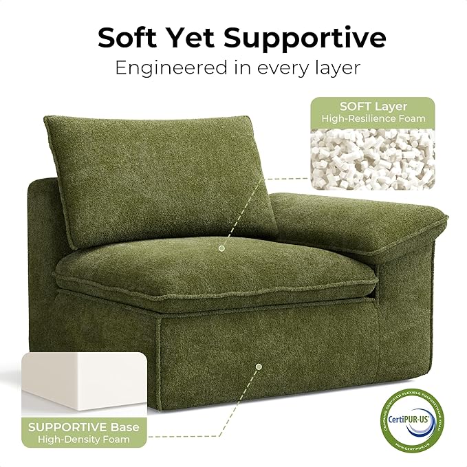 LIKIMIO 120 L-Shaped Modular Sectional Sofa Cloud Sectional Couch with Deep Seat Comfy Teddy Upholstery Oversized 3-Seater with Ottoman Boneless Couch for Living Room No Assembly Green