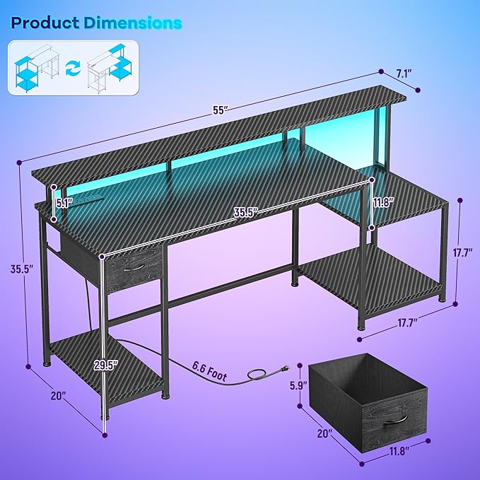 55 Inch Gaming DeskComputer Desk with LED &amp Power OutletOffice Desk with Printer Storage Shelves &amp Storage DrawerStudy Table with Monitor ShelfDorm Room EssentialsBlack