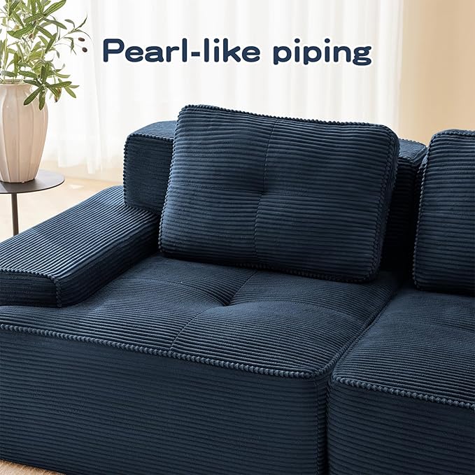 82 Modern Corduroy Boneless Love Seat Couches with 2 Ottomans 2 Seater Large Sectional Couches for Living Room Blue Cloud Modular Sectional Sofa Memory Foam Extra Deep Loveseat No Assembly