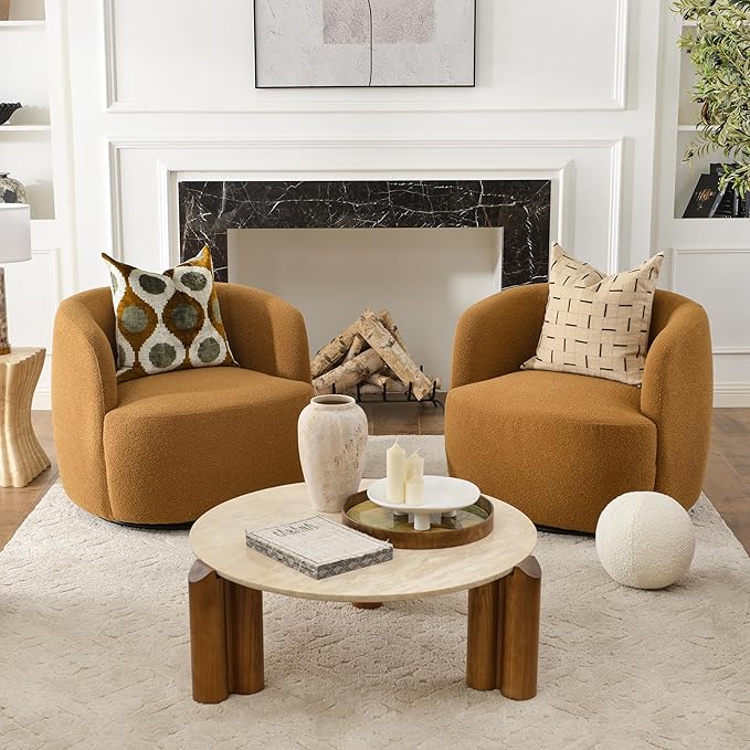 KINWELL 34 Wide Boucle Swivel Barrel Chairs Set of 2 No Assembly Round Upholstered Armchairs Accent Chairs Single Sofa Chair with Toss Pillow for Living Room and Bedroom Brown