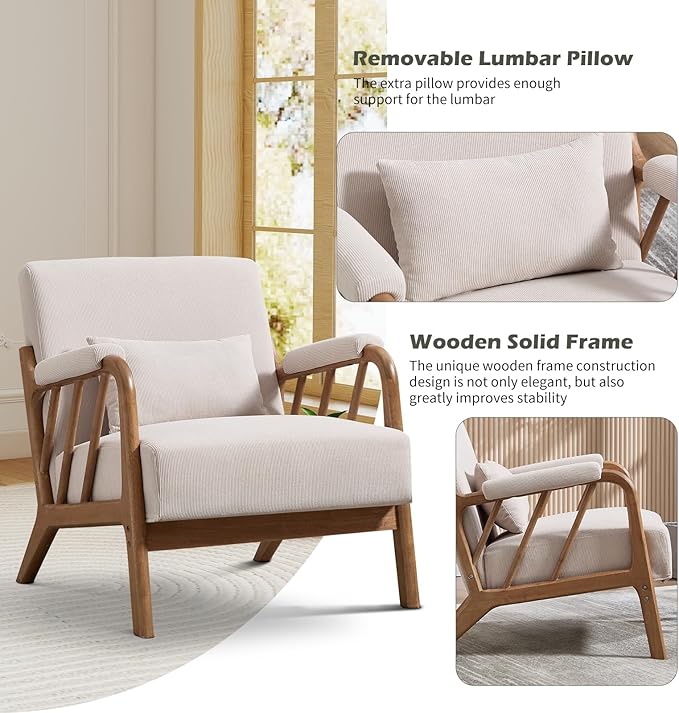 Mid Century Modern Accent Chair with Solid Wood Frame Upholstered Living Room Chairs with Lumbar Cushion Padded Arms Reading Armchair for Bedroom Set of 2 Beige