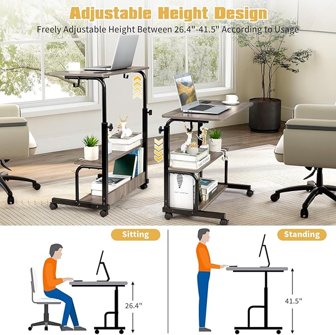 31.5'' Standing Desk Small Computer DeskSmall Office Desk for Bedroom with 3 USB + 2 AC OutletsCorner Desk for Small SpaceMini Adjustable Desk Stand Up Desk Laptop DeskPortable Rolling DeskGrey