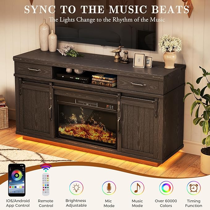 Fireplace TV Stand for TVs up to 65 Electric Fireplace with 3D Flame Farmhouse LED Light Entertainment Center TV Console with with 2 Drawers Sliding Barn Door for Living Room - Black