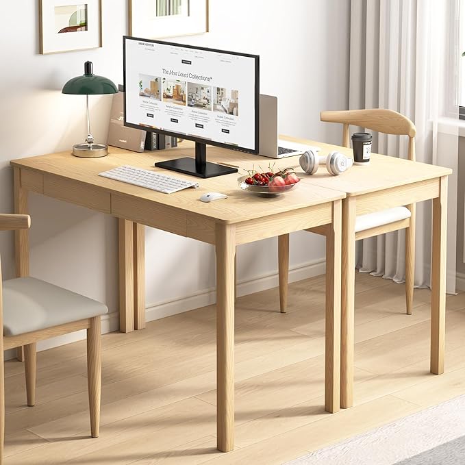 Solid Wood Writing Desk with Drawers Small Computer Desk Table Mid Century Modern Desks Study Home Office Desks for Work Small Wooden Dining Table for Bedroom Natural