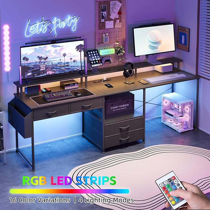 L Shaped Desk with 4 Fabric Drawers 78.7 Home Office Desk with Printer Storage Shelf &amp Power Outlet Two Person Desk with Monitor Shelf Corner Computer Desk Gaming Desk with Led Lights Black