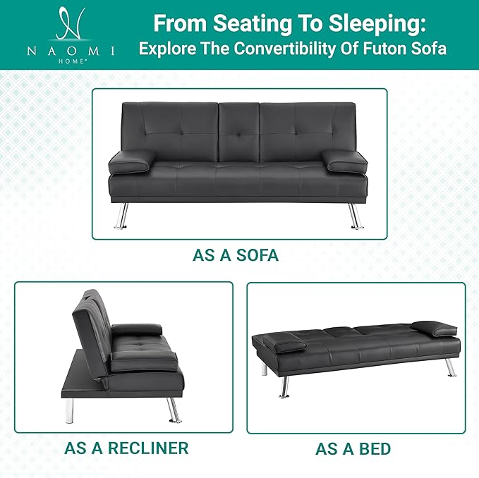 Naomi Home Black Futon Sofa Bed Faux Leather Futon Couch with Armrest and 2 Cupholders Pull Out Sofa Bed Couch with Metal Legs Reclining Small Bed Black Couches for Living Room