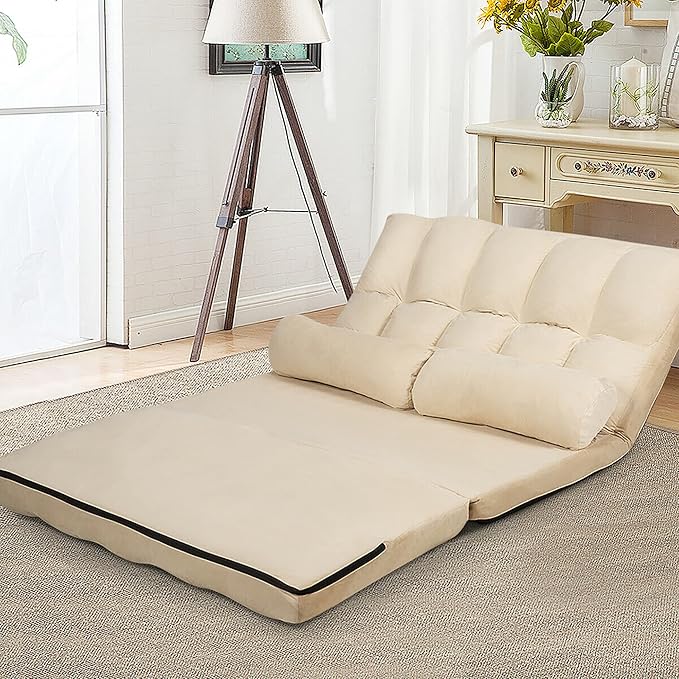 DORTALA Foldable Floor Sofa 6-Position Adjustable Lounge Couch with 2 Pillows &amp Suede Cloth Cover Modern Lounge Mattress Video Gaming Lazy Couch Suede Floor Seating Sofa 71 x 44.5 Beige