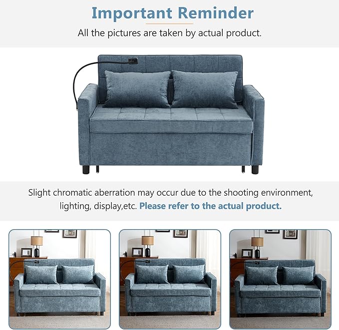 3 in 1 Convertible Sleeper Sofa Bed with Pull-out Bed 61 Chenille Chaise Lounge with 3-level Adjustable Backrest Tufted Loveseat with Phone Holder &amp 2 Soft Pillows for Living Room Apartment Bl
