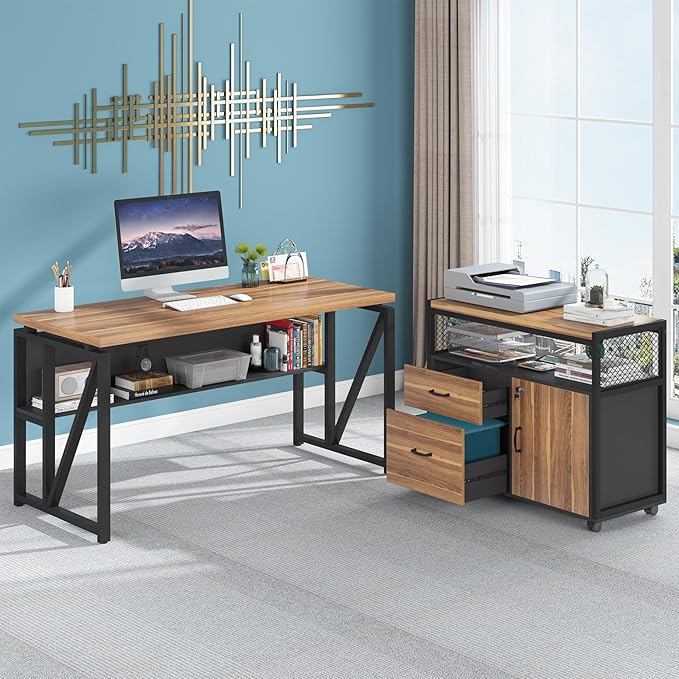 Tribesigns 55-inch L Shaped Desk with Drawer Cabinet Executive Computer Desk and lateral File Cabinet 2 Piece Home Office Furniture with Drawers for Hanging File Doors with Locks (Brown 55 inches)