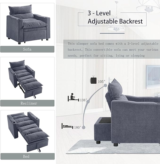 3-in-1 Convertible Sleeper Chair Bed Adjustable Pull-Out Sleeper Sofa Chair Modern Futon Sofa Bed Loveseat with Adjustable Backrest for Living Room Small Space (Gray 36 W)