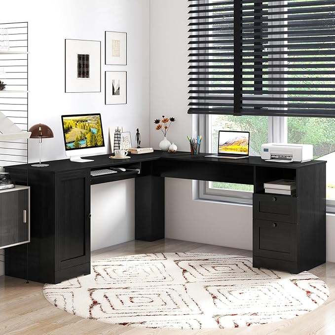 Giantex 66 L-Shaped Desk with Storage Drawers &amp Charging Station Spacious Corner Computer Desk with Keyboard Tray Adjustable Shelf Cabinet Huge Workspace Home Office Study Writing Desk (Black