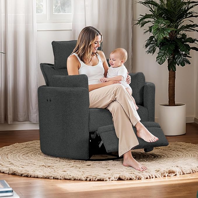 Power Swivel Rocker Recliner Glider Nursery Chair for Adults Modern Leisure Sofa Chair with 2 Pillows for Small Spaces Bedroom Living Room Beige (Dark Grey)