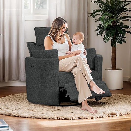 Power Swivel Rocker Recliner Glider Nursery Chair for Adults Modern Leisure Sofa Chair with 2 Pillows for Small Spaces Bedroom Living Room Beige (Dark Grey)
