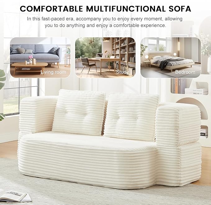 78.4 Convertible Sleeper Sofa Bed Floor Couch Loveseat with Functional Blanket and 2 Soft PillowsCorduroy Fabric Boneless Futon Couch for Living RoomBedroomApartment(Beige)