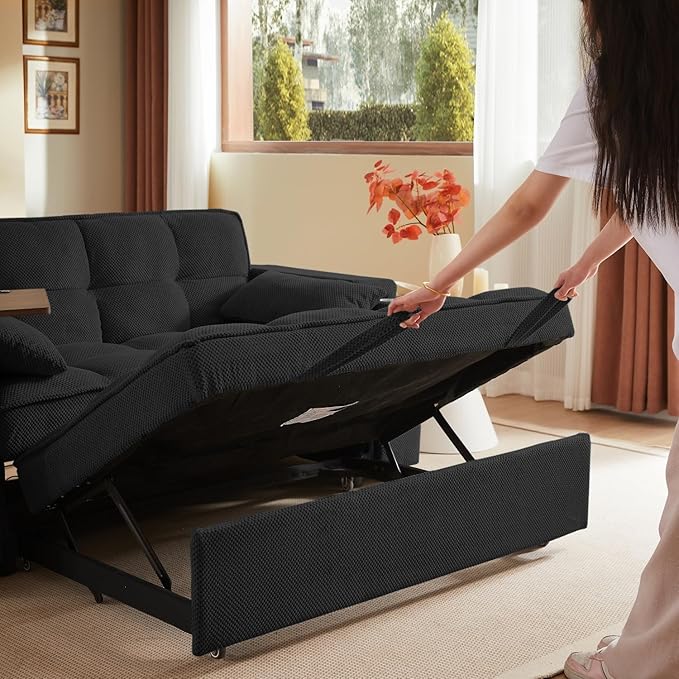 Large Size Convertible Sleeper Sofa BedPolka dot Velvet Pull Out Futon Couch with Storage handrails &amp Rotating Side TablesConvertible Sofa Couch for Living RoomRV