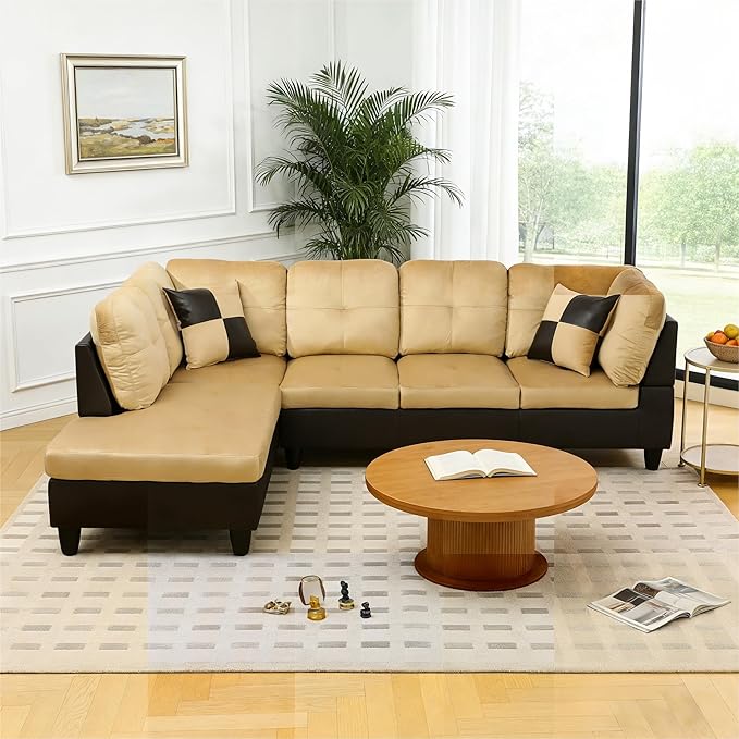 103.5 Inch Modern L-Shaped Couch Flannel Sectional Sofa with Chaise Lounge 4-Seater Couch with Accent Pillows for Living Room Apartment Beige and Brown