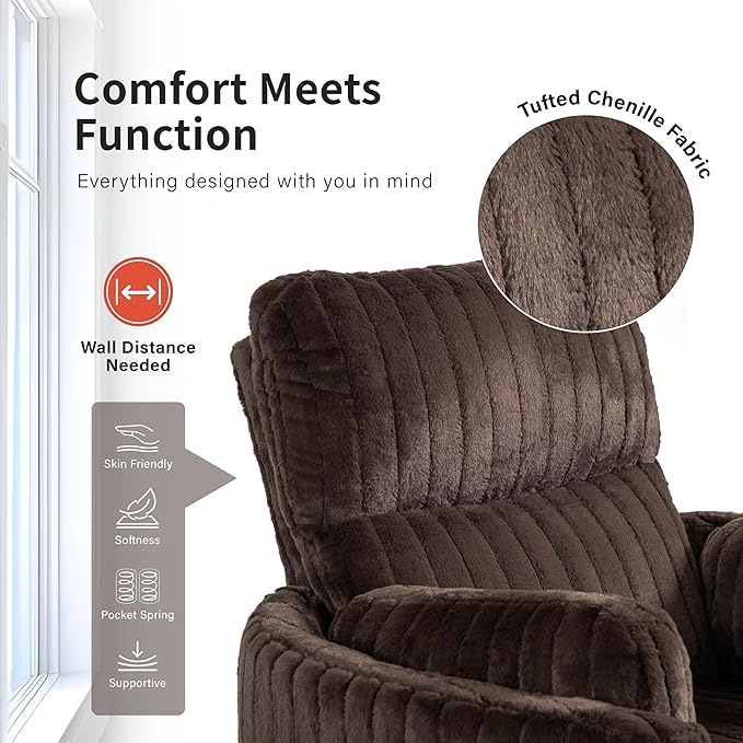 Furniture of America Vyrinor Modern Chenille Power 220° Swivel Recliner Chair with Pillows Reclining Glider Comfy Sofa Wooden Comfortable Couch for Living Room Nursery Home Theater White