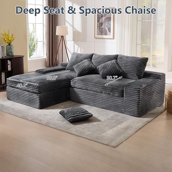 KIVENJAJA 98.8'' Small L-Shaped Sectional Couch with Chaise Fluffy Corduroy Cloud Couches Compression Boneless Sofa for Home Living Room Apartment Office No Assembly Required Grey