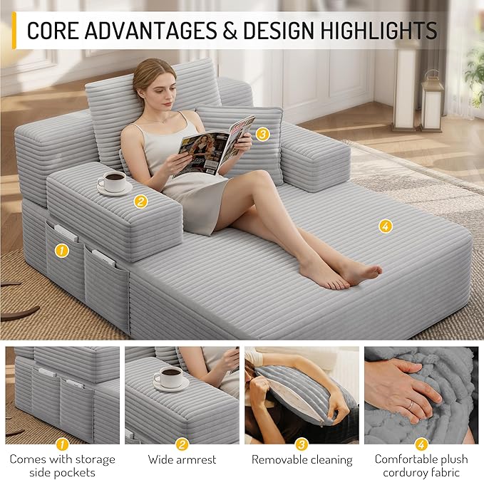 48.5 Oversized Chaise Lounge Chair Indoor 3-in-1 Convertible Sleeper Sofa Bed Plush Corduroy Boneless Chaise with 3 Pillows &amp Side Pockets Adjustable Back/Armrest for Living Room - Light Grey
