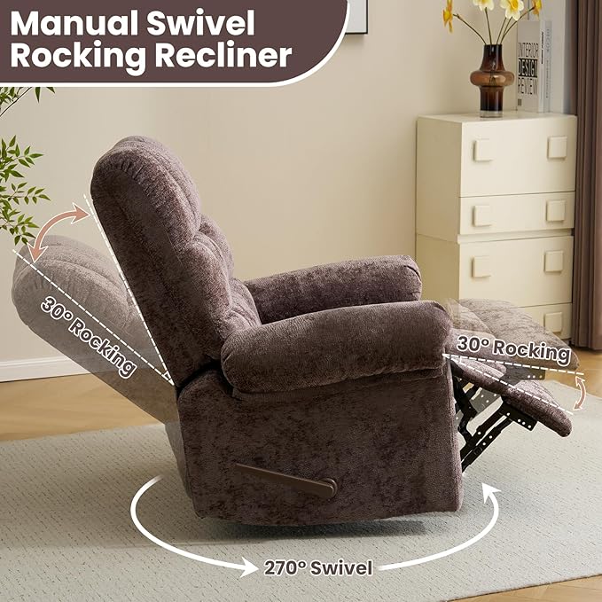 Oversized Swivel Rocker Recliner with Massage and Heat Overstuffed Rocking Chair with High Back Manual Rocker Recliner for Adults &amp Big Man Comfy Soft Recliner Chair Coffee Chenille