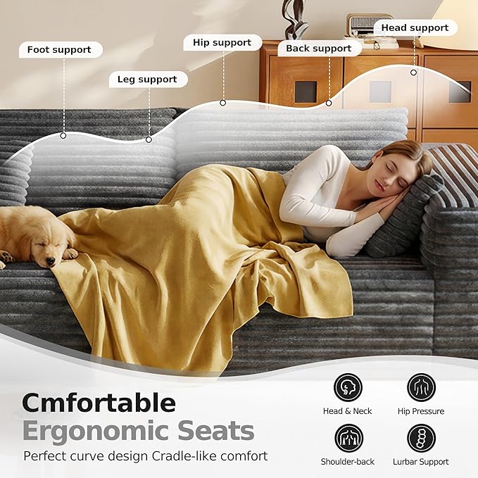 108.2 Modular Sectional Sofa with Deep Seat Boneless L Shaped Corduroy Couch Modern Comfort Cloud Couch Oversized for Living Room No Assembly (Left Facing Chaise Gray)