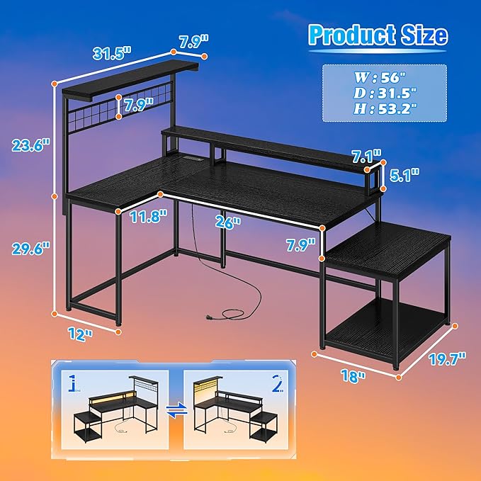 EnHomee 56 Medium L Shaped Gaming Desk with LED &amp Power OutletsComputer Desk with Monitor Stand &amp Print Stand for Home OfficeReversible Corner Gaming Table with Storage Shelf &amp HooksBl