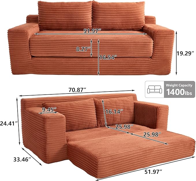 KIVENJAJA 70.87 Boneless Loveseat Sofa Modern 2-in-1 Convertible Sleeper Sofa Comfy Cloud Loveseat Couch Corduroy Small Boneless Couches for Living Room Small Space Bedroom Orange