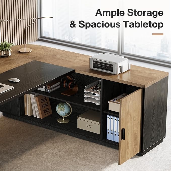Tribesigns 79-Inch Executive Desk Large Office Desk with Cabinet L-Shaped Compter Desk with Storage Shelves Writing Table for Home Office Natural Oak and Black