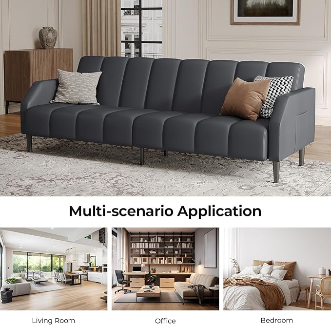 Fadware Faux Leather Couch Convertible Futon Sofa Bed with Adjustable Backrest Mid Century Leather Sofa Loveseat with Side Pockets&amp Metal Leg Modern Leather Sleeper Sofa for Living Room Bedroom