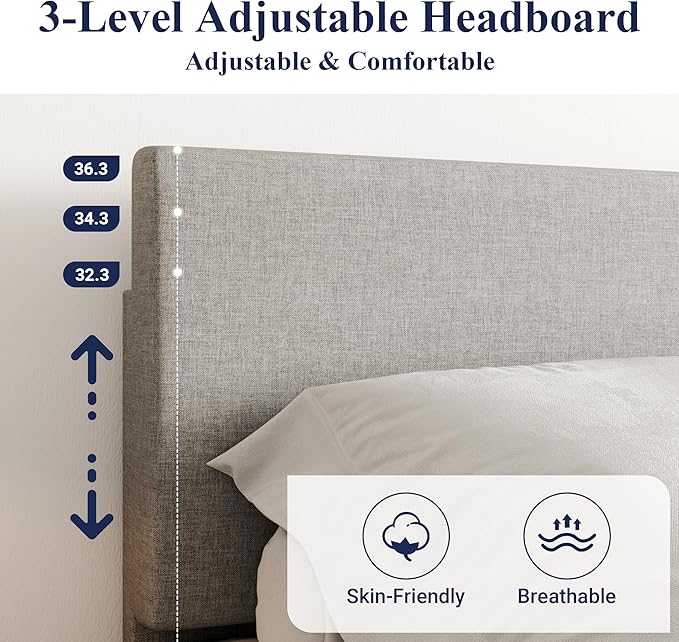 Allewie Queen Bed Frame with Upholstered Adjustable Headboard Platform Bed with Wood Slats Heavy Duty Mattress Foundation No Box Spring Needed Easy Assembly Light Grey
