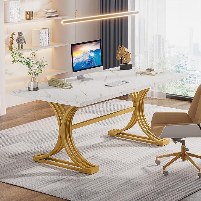 Tribesigns 63 White Gold Desk Modern Office Desks with Faux Marble Tabletop Large Modern Executive Desk Computer Desk with Trestle Legs