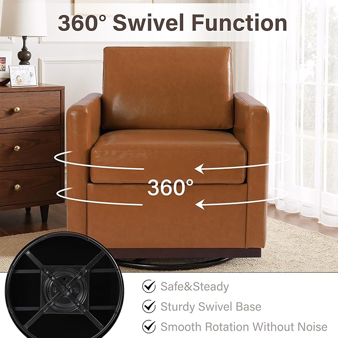 Faux Leather Swivel Accent Chairs Set of 2 360° Swivel Upholstered Club Armchairs for Living Room 31 Wide Square Single Sofa Reading Chair with Deep Seat Metal Swivel Base Light Brown