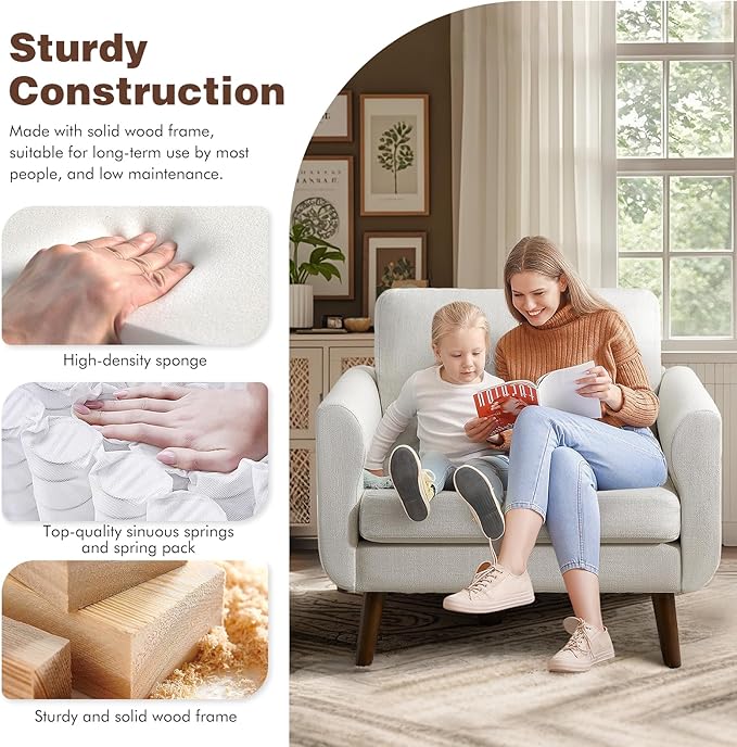 ELUCHANG Accent Chair Set of 1 Oversized Mid Century Modern Arm Chair Soft Linen Fabric Sofa Chairs Upholstered Comfy Chair for Living Room Bedroom Apartment (Creamy White)
