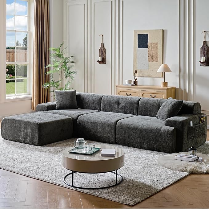 118 Modern L-Shaped Modular Sectional Sofa Oversized 3-Seater Couch with Deep Seat and Movable Ottoman Chenille Yarn Grey Cloud Sofa Couch for Living Room No Assembly