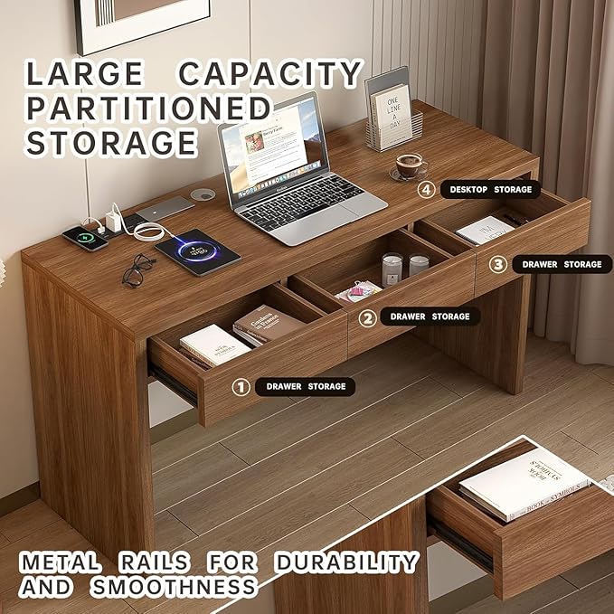 Executive Desk with Drawers Computer Desk with Drawers with Pre-Embedded Slots 55 inch Modern Walnut Home Office Desk with Charging Station for Study Living Room Bedroom