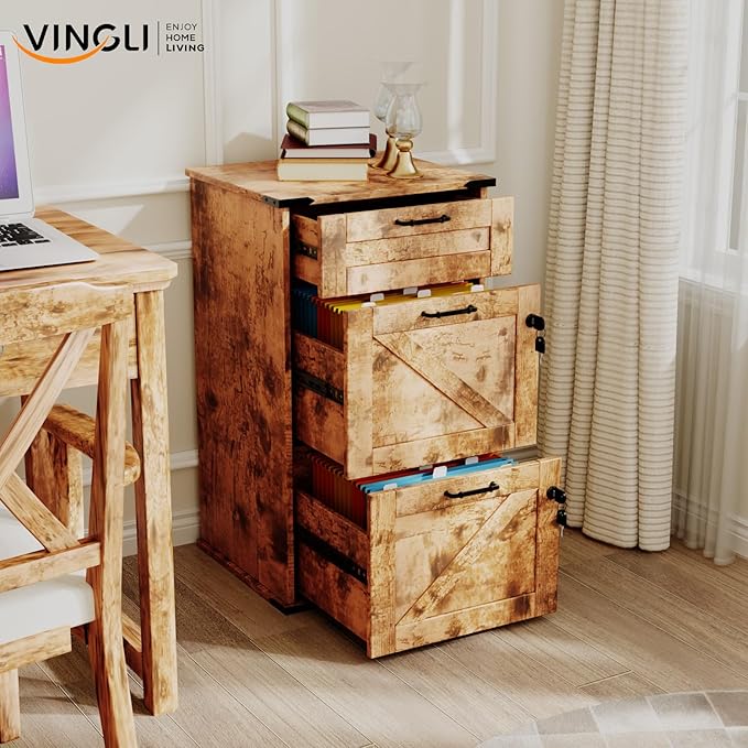 VINGLI 3 Drawer File Cabinet with Lock Home Office Filing Organizer for Letter Size File Folder Storage Modern Farmhouse Style Wood Vertical Filing Cabinet Archivador (Rustic Brown)