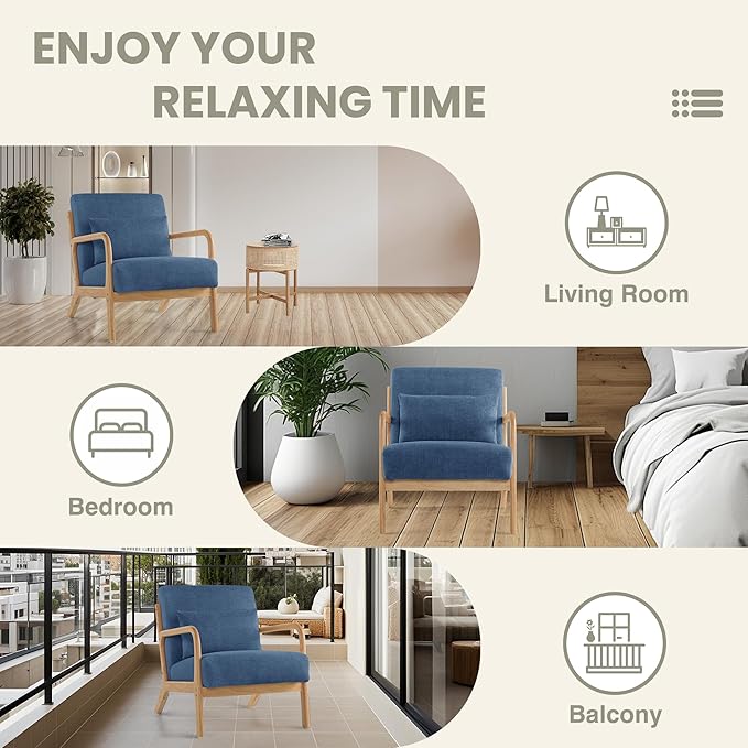 Mid Century Modern Accent Chair with Lumbar Pillow Upholstered Chair for Living Room Accent Chair with Solid Wood Frame Reading Chair Armchair for Bedroom Small Spaces Blue