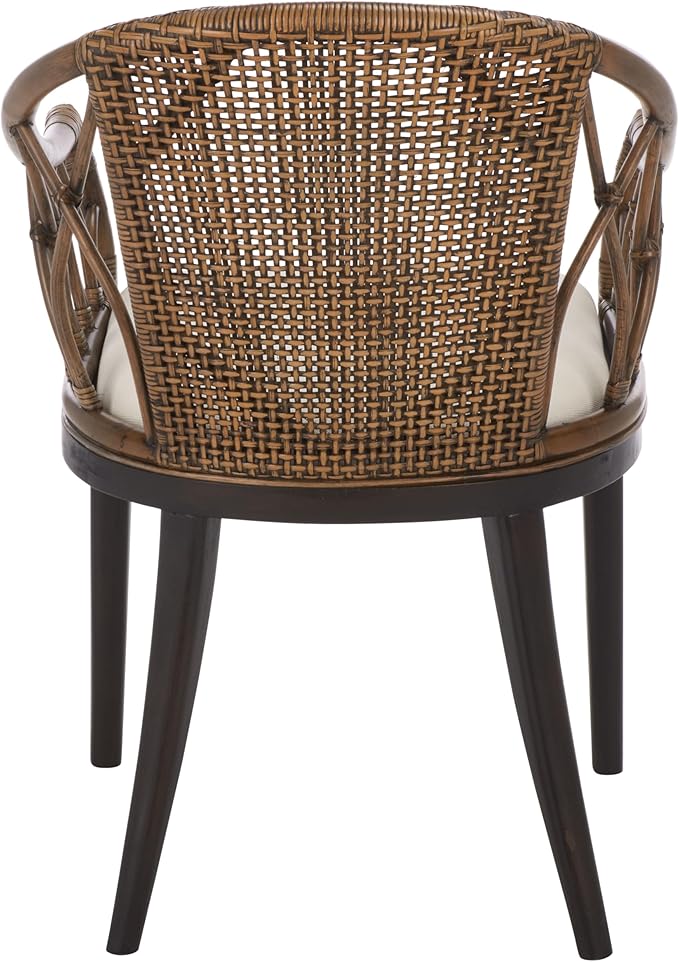 SAFAVIEH Home Collection – Miyomi Brown Rattan Arm Chair with Ivory Seat Cushion Coastal Modern Design Fully Assembled (ACH4900A)