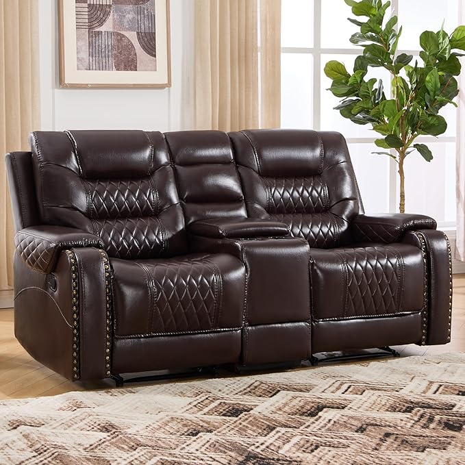 EBELLO Manual Reclining Loveseat Faux Leather Double Recliner Sofa with Center Console Hidden Storage &amp Cup Holders Vintage Rivet Mid-Century Modern Design for Living Room Dark Brown