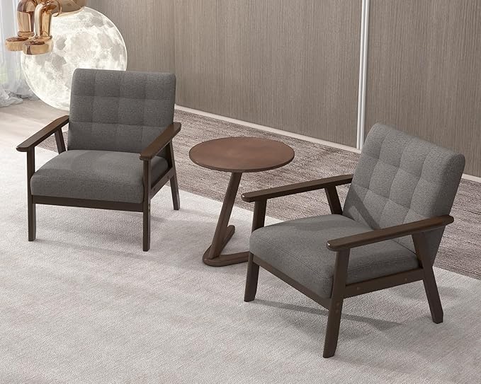 Modern Accent Chair with Wooden Table Upholstered Linen Fabric Leisure Side Chair with Arm Rest and Wooden Frame for Living Room Bedroom Reading (Gray)
