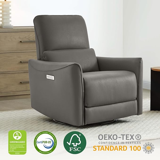 CHITA Power Recliner Chair Swivel Glider FSC Certified Upholstered Faux Leather Living Room Nursery Reclining Sofa Chair with Lumbar Support Charcoal