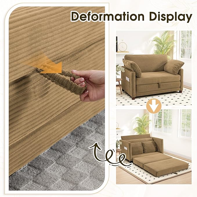 51 Convertible Loveseat Sofa Bed 2-in-1 Folding Sofa Bed with 2 Pillow for Small Spaces Modern Loveseat Sleeper Couch for Apartment Living Room &amp Guest Room (Brown Corduroy 51 inch)