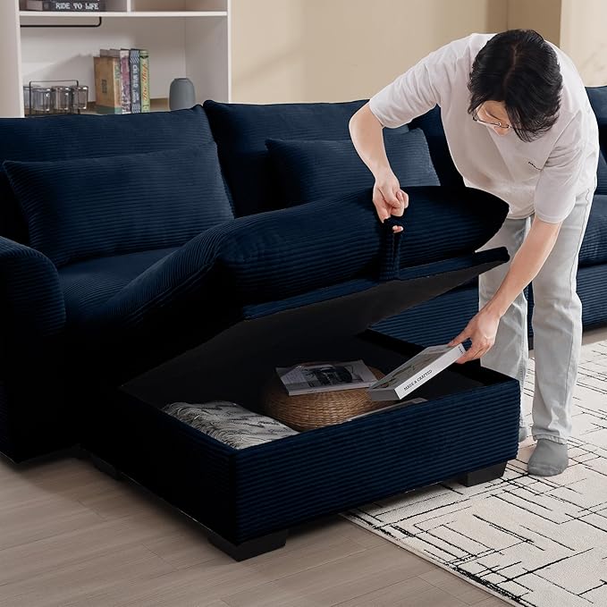 Corduroy Square Storage Ottoman with Removable Cushions 36.6 Inch Corduroy Fabric Cloud Ottoman Footrest for Modular Sofa Living Room Furniture Easy Assembly Blue
