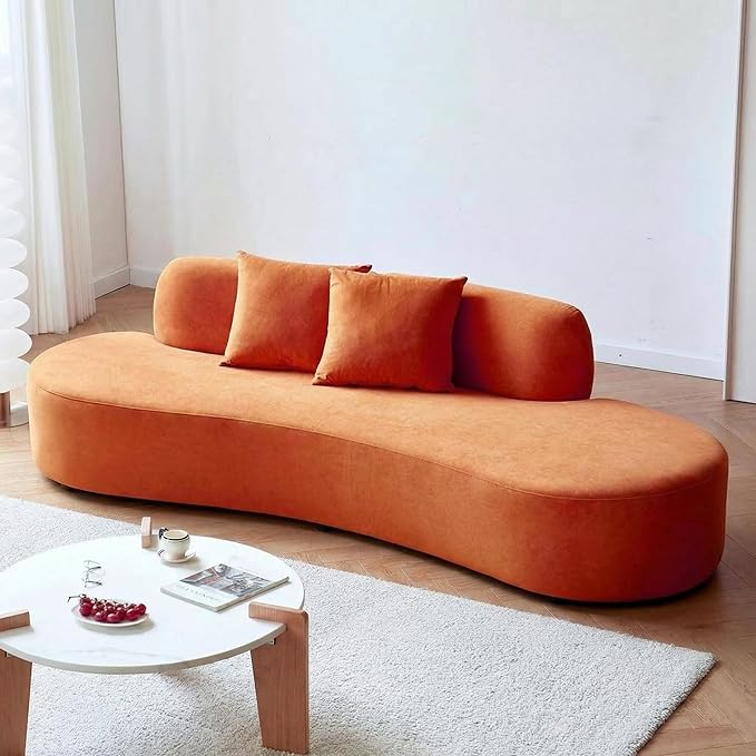 90 Curved Sofa with Throw Pillows 4 Seater Luxury Velvet Couch with Half Moon Design and High-Density Foam Ideal for Modern Living Room Office &amp Apartment Red Orange
