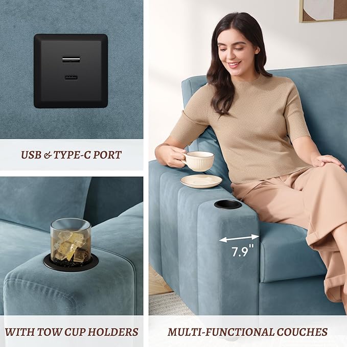 Loveseat Sofa Larger Couch Velvet Fabric with Storage Charging Ports Heightened Backrests Removable Cover Modern Comfy Couches Easy Assembly for Living Room 88 Inch Blue