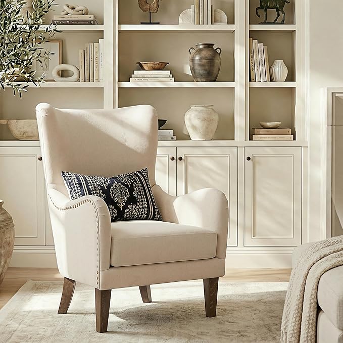Mid-Century Modern Wingback Club Chair Fabric Living Room High-Back Accent Chair Classic Armchair for Apartment Office Studio Beige