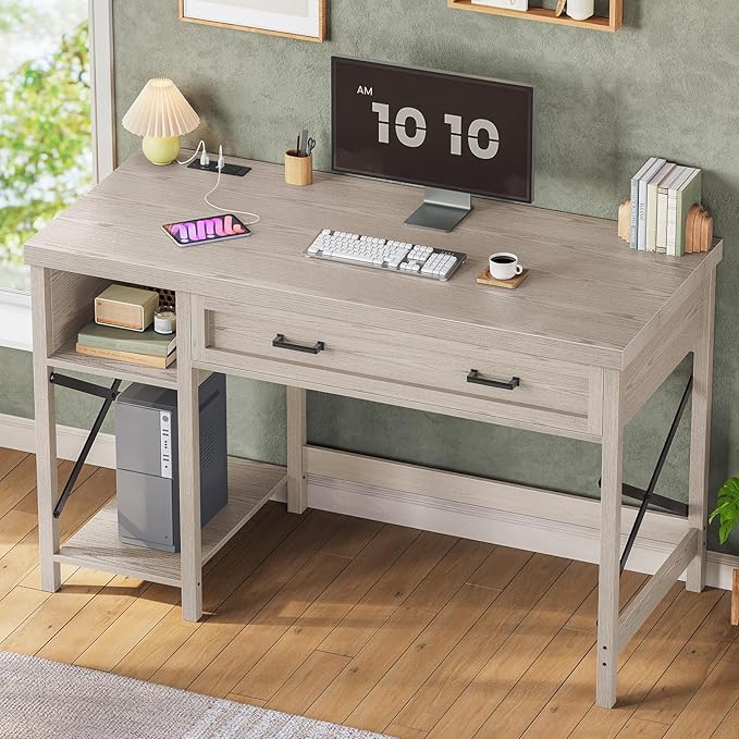 SEDETA Farmhouse Small Desk with Drawers 40 Computer Desk with Storage Shelves Writing Desk for Small Space and Power Outlet Desk for Bedroom Home Office Mahogany Grey