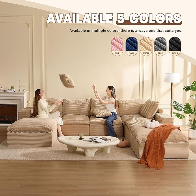 137.8” Sectional Couches for Living Room Set of Cloud Couch Modular Sectional Sofa Convertible Sofas Bed Deep Seat Sofa Sleeper Sofa Full Size Corduroy Camel