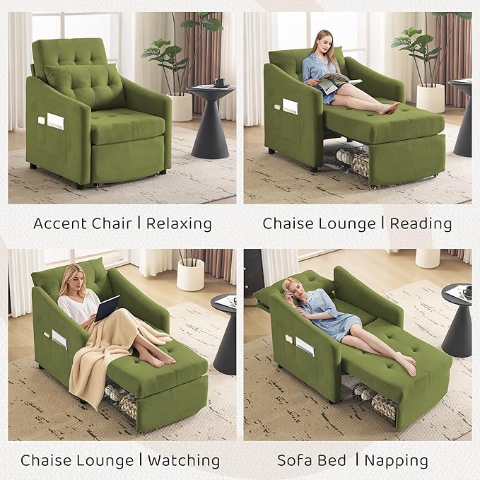 Bezseller Convertible Sofa Bed Chair 3-in-1 Sleeper Chair with Storage Drawer Pull Out Couch with Side Pocket Pillow and Adjustable Backrest for Small Spaces Living Room Green