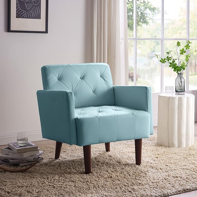 PU Leather Accent Chair Mid Century Modern Armchair for Living Room Reading Tufted Chair Single Sofa High-Density Foam Cushion Solid Wood Legs for Home Bedroom Office Reception(Blue)